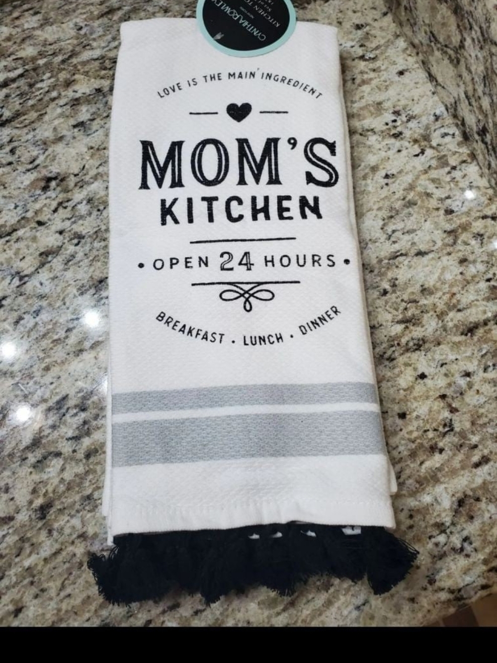 Mom's Kitchen Cotton Tea Towel - White with Gray Stripes and Black Print